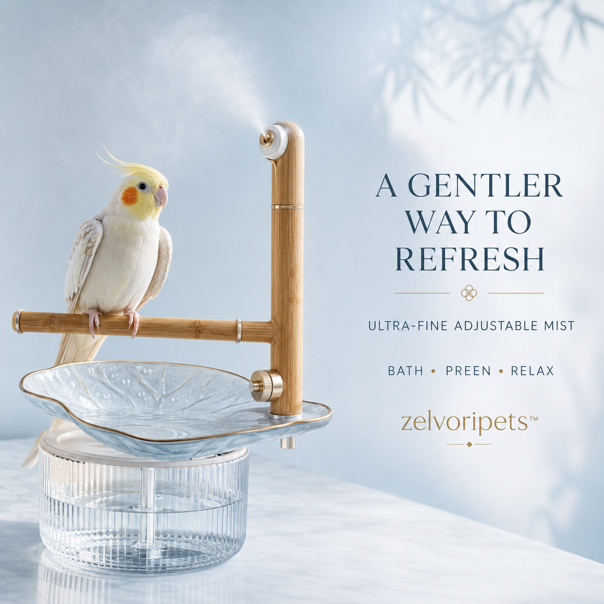 Zelvoripets™ MistGarden Fine-Mist Bird Bath & Natural Perch Station  Product Description